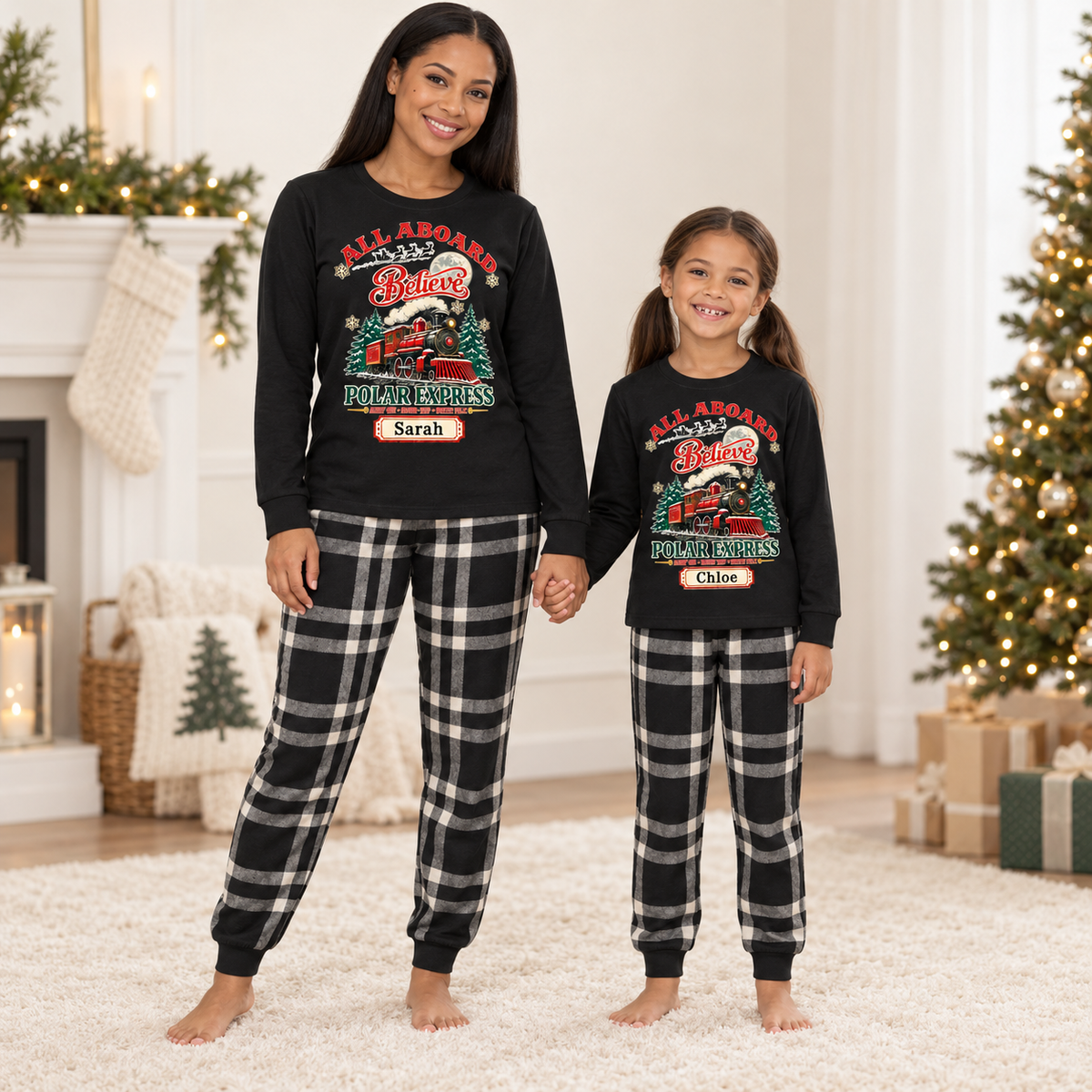 Personalized All Aboard Polar Express Christmas Pajama Set – Black Plaid