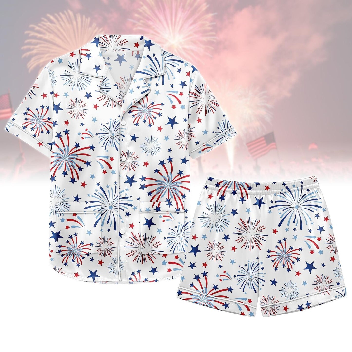 USA 250th Anniversary Casual Satin Pajamas – 4th of July 2026 Patriotic Fireworks Matching PJs