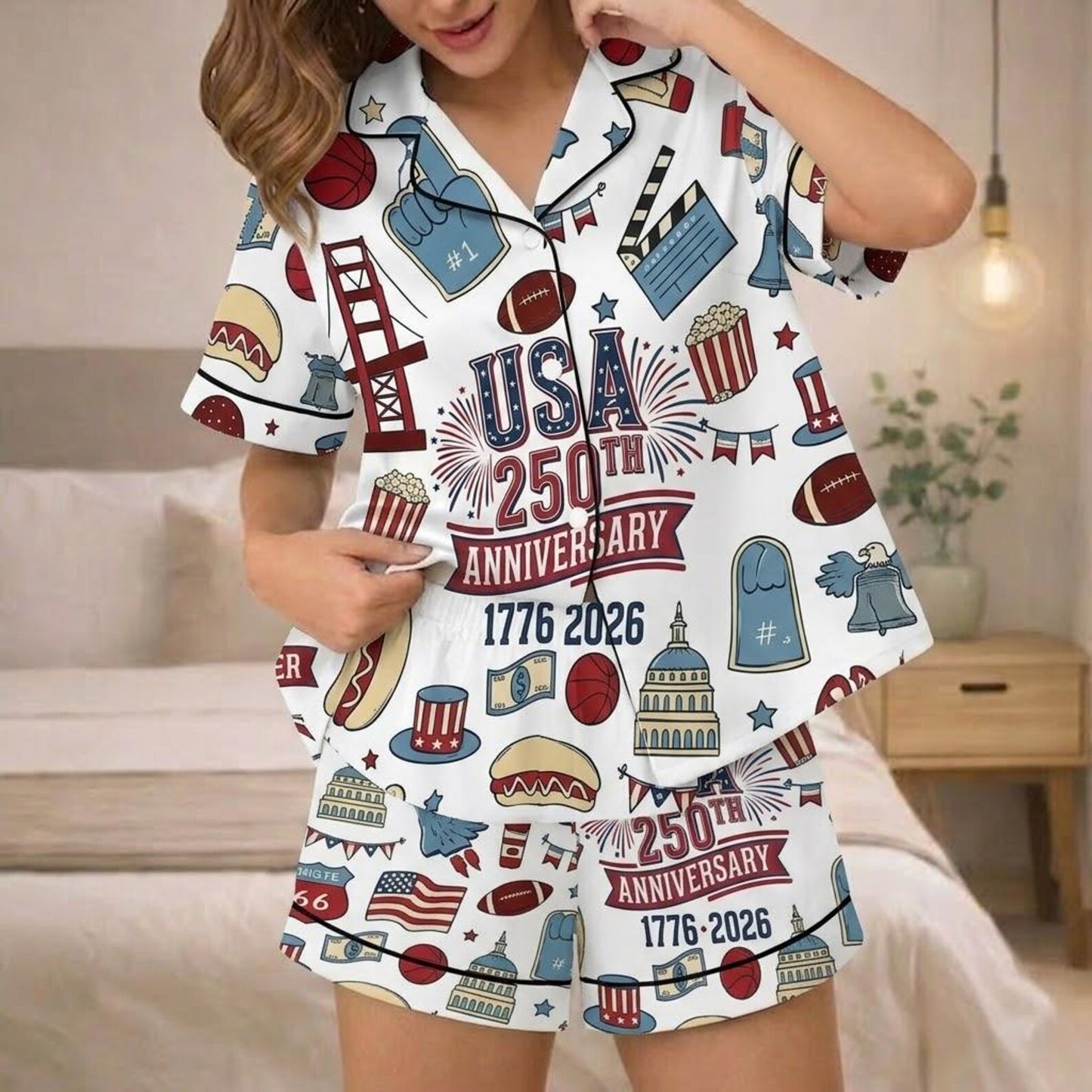 USA 250th Anniversary Short Sleeve Pajama Set – Red White Blue 1776-2026 Patriotic Loungewear