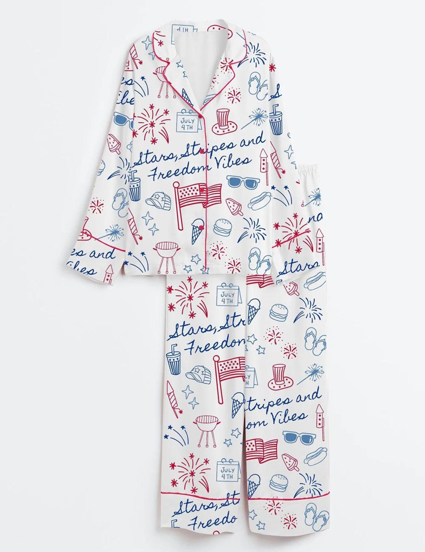 Stars, Stripes & Freedom Vibes Satin Pajama Set – Women’s 4th of July Patriotic America Print PJs – Premium Short Sleeve Sleepwear Gift