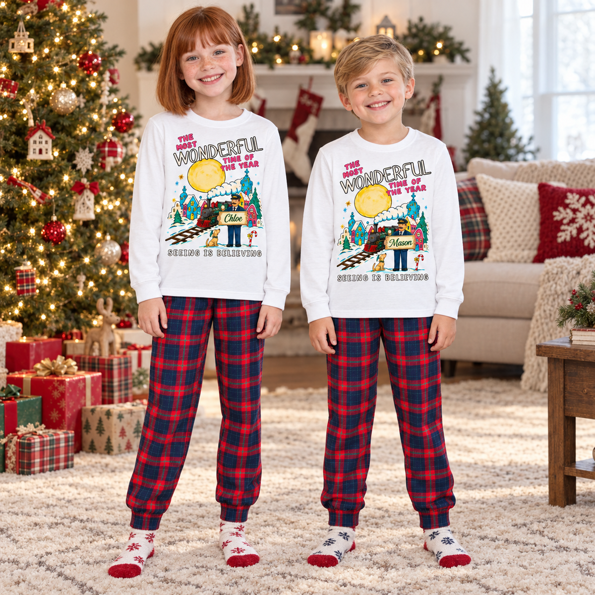 Personalized Seeing Is Believing Christmas Pajama Set – White & Red Plaid