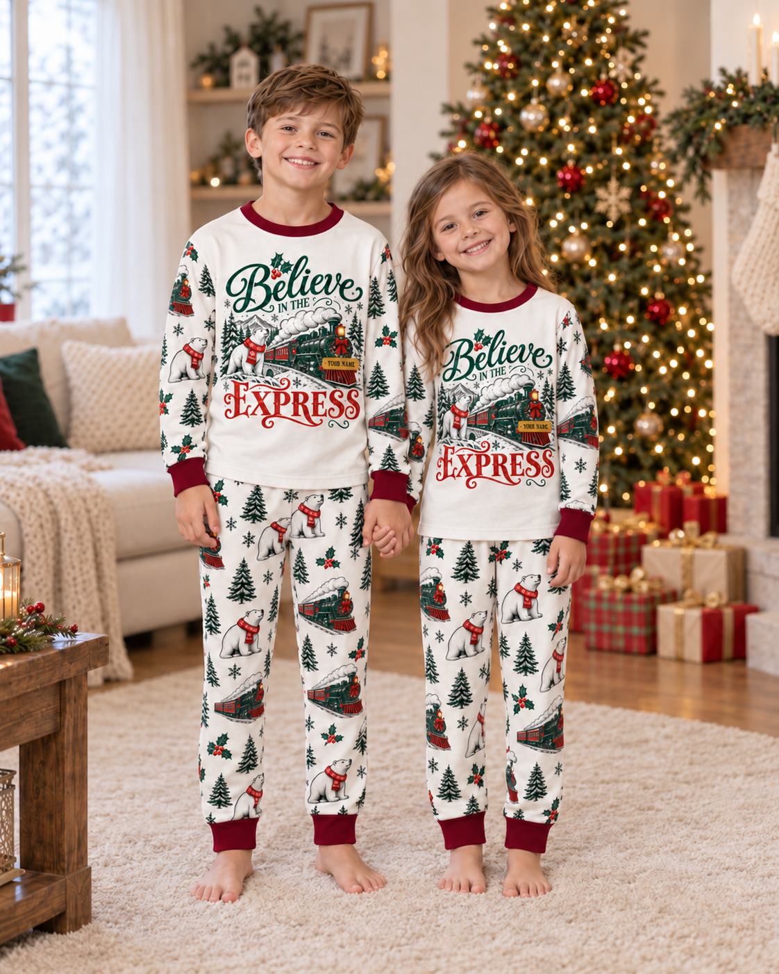 Personalized Believe Express Family Christmas Pajamas – Burgundy Trim
