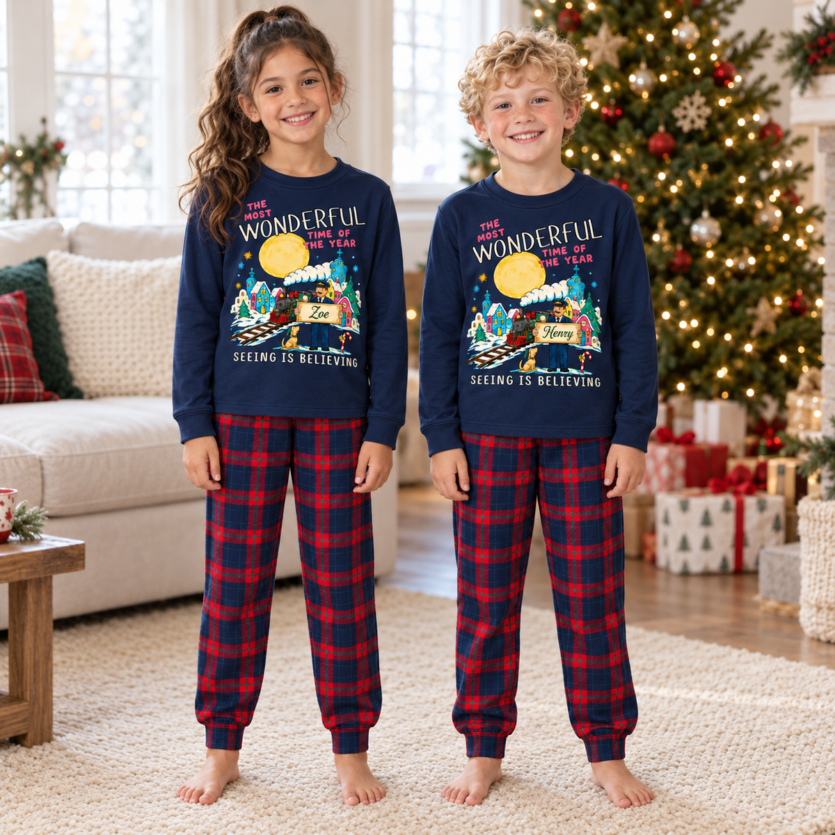 Personalized Seeing Is Believing Christmas Pajama Set – Navy & Red Plaid