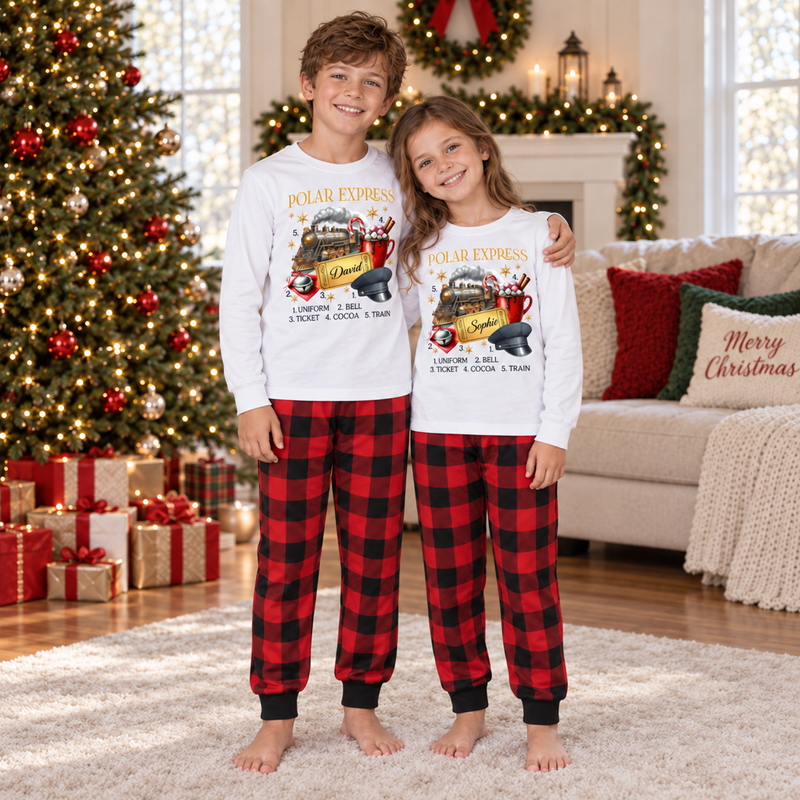 Personalized Polar Express Family Christmas Pajama Set – Red & Plaid