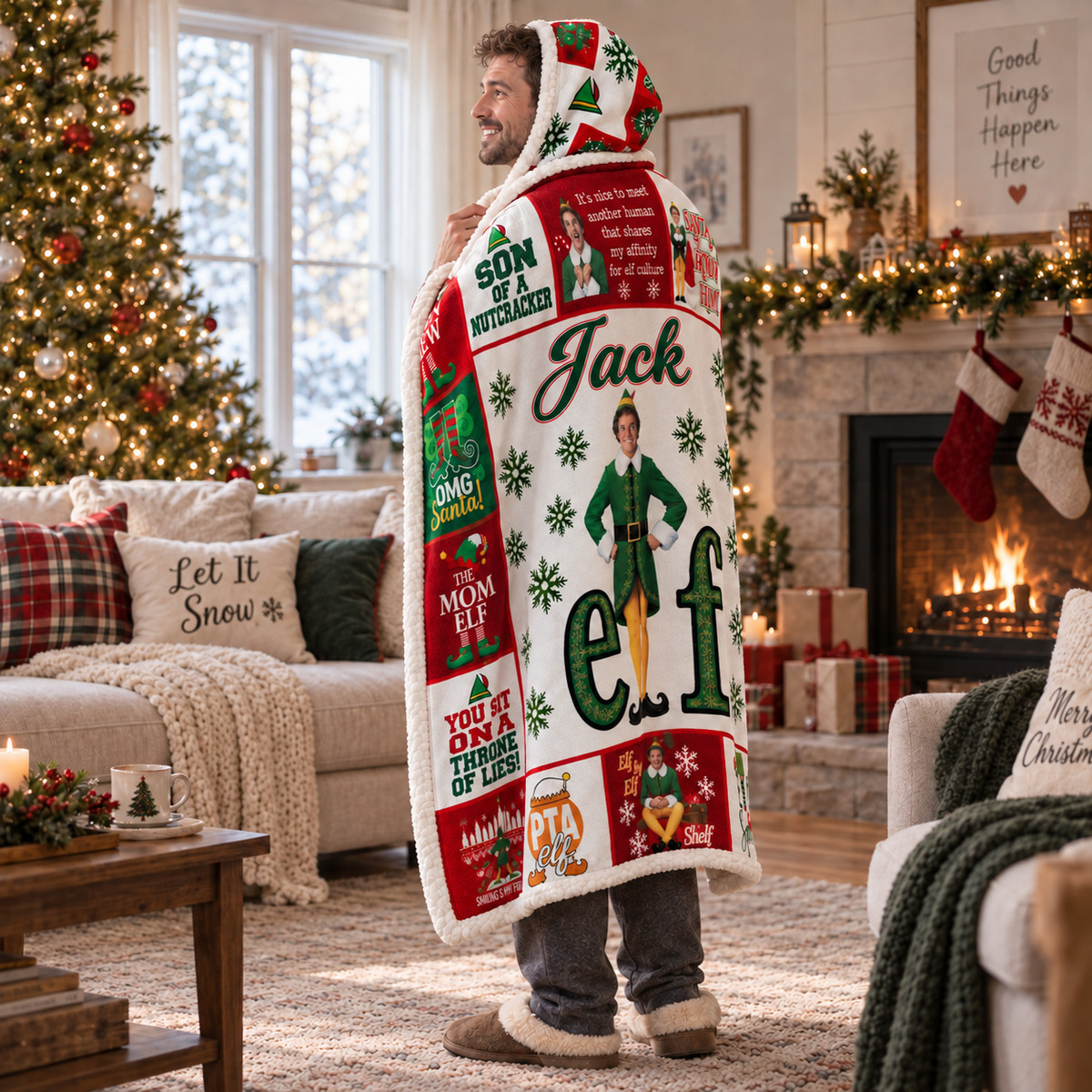 Personalized Buddy the Elf Christmas Patchwork Hooded Blanket.