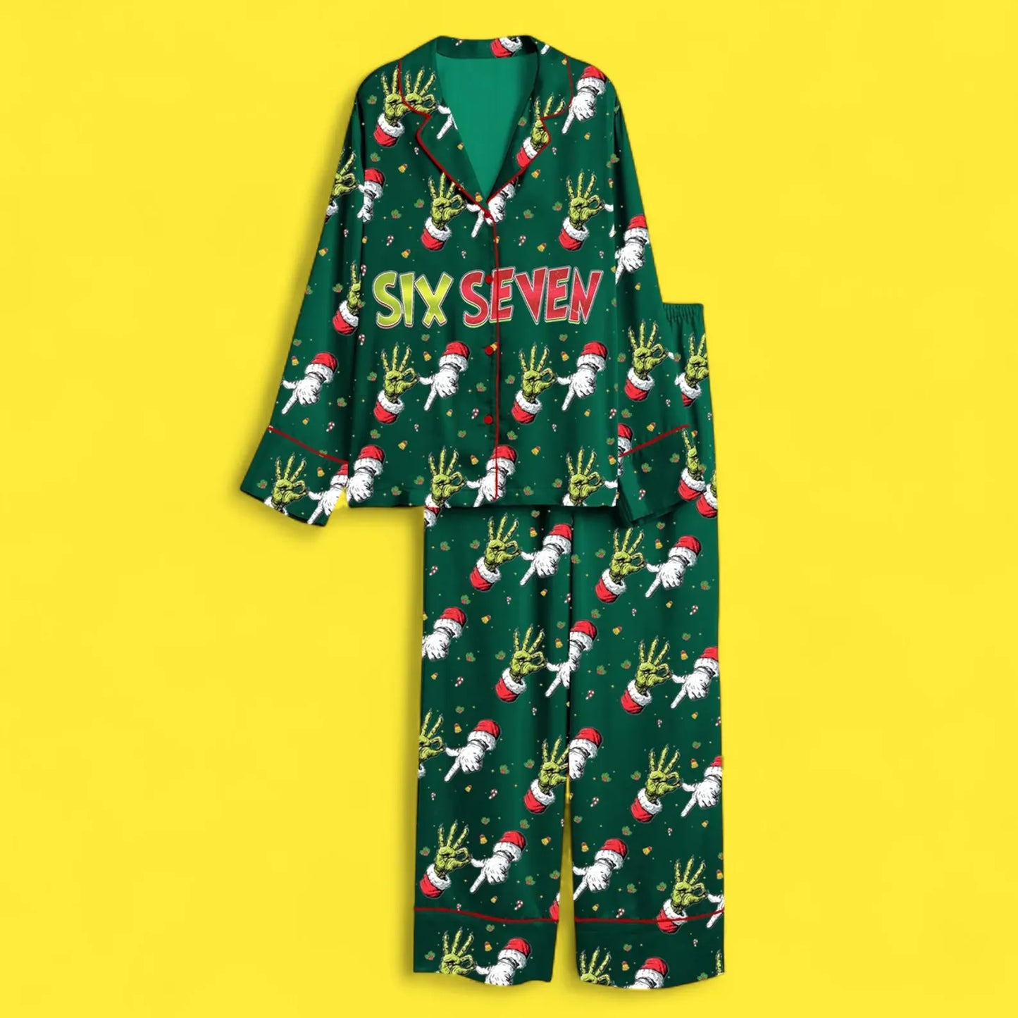 Six Seven Meme Green Hand Christmas Pajama Set – Funny Satin Holiday Sleepwear for Adults and Kids