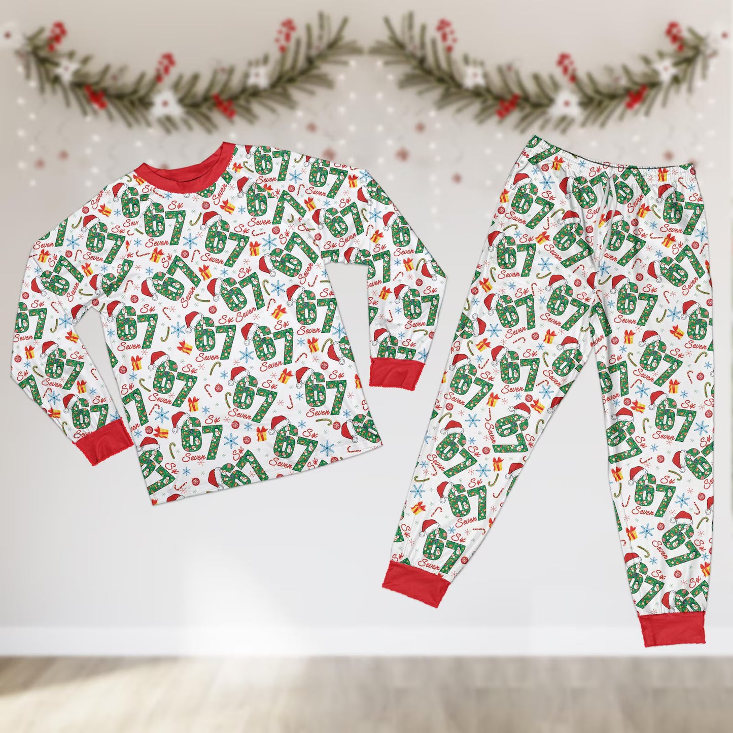Funny Six Seven Meme Christmas Pajama Set – Trending Matching Long Sleeve Holiday Sleepwear for Kids and Adults