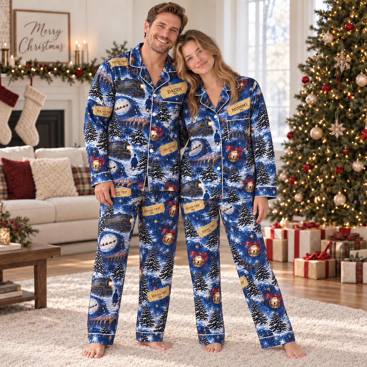 Personalized Blue Christmas Train Family Long-sleeve Pajamas