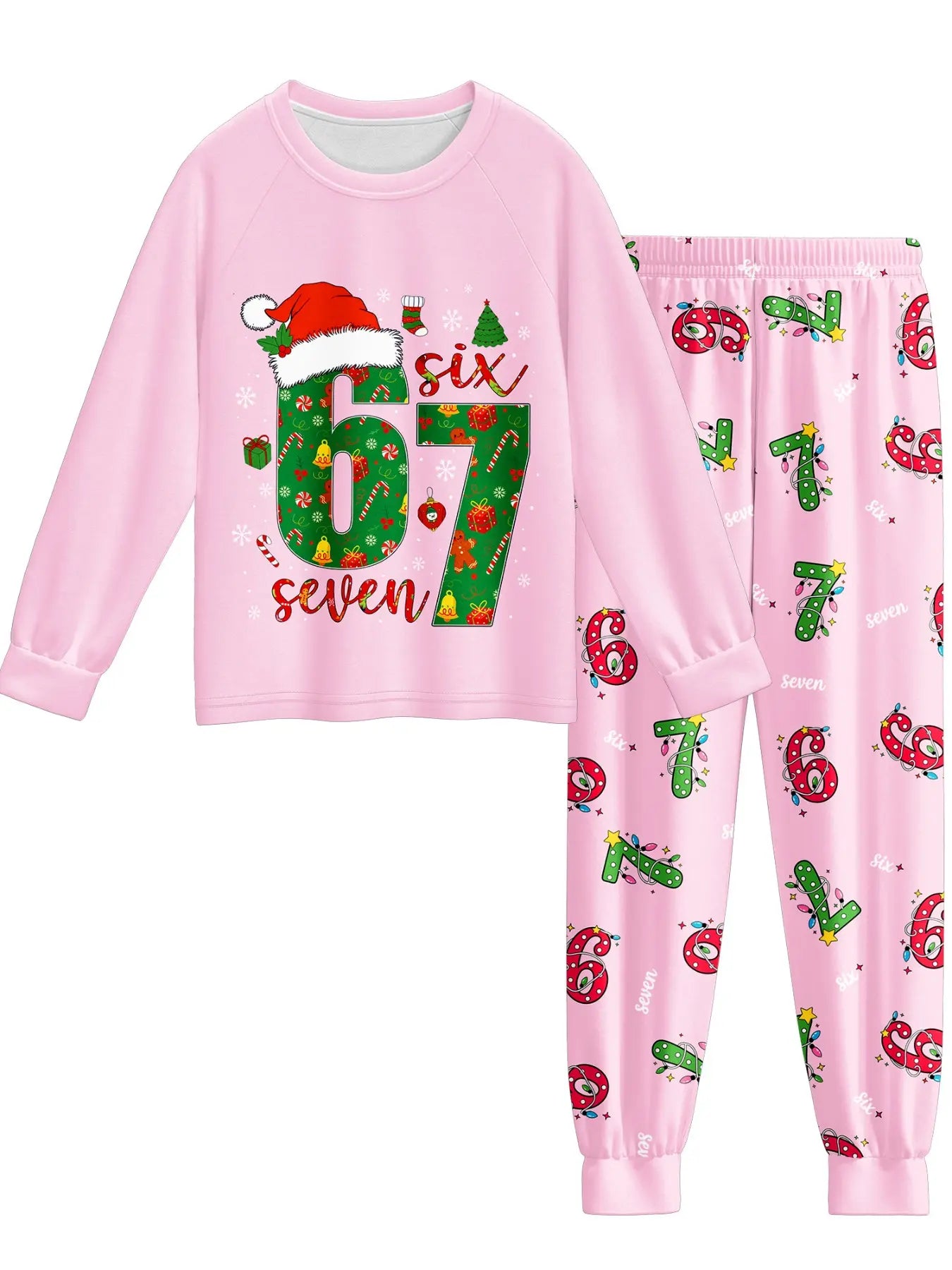 67 Christmas Pajama Set – Long Sleeve Cartoon Print Holiday Sleepwear, Soft Cozy Pants Outfit, Unique Six Seven Design Gift