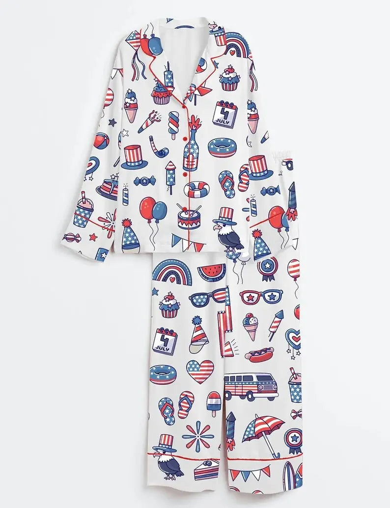 Stars and Stripes 4th of July Satin Pajamas – USA 250th Anniversary Patriotic Long Sleeve PJ Set