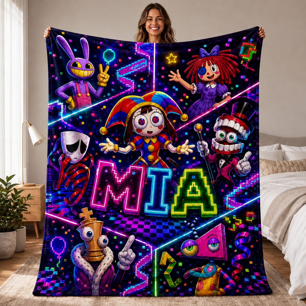 Circus Pixel Neon Custom Name Plush Blanket