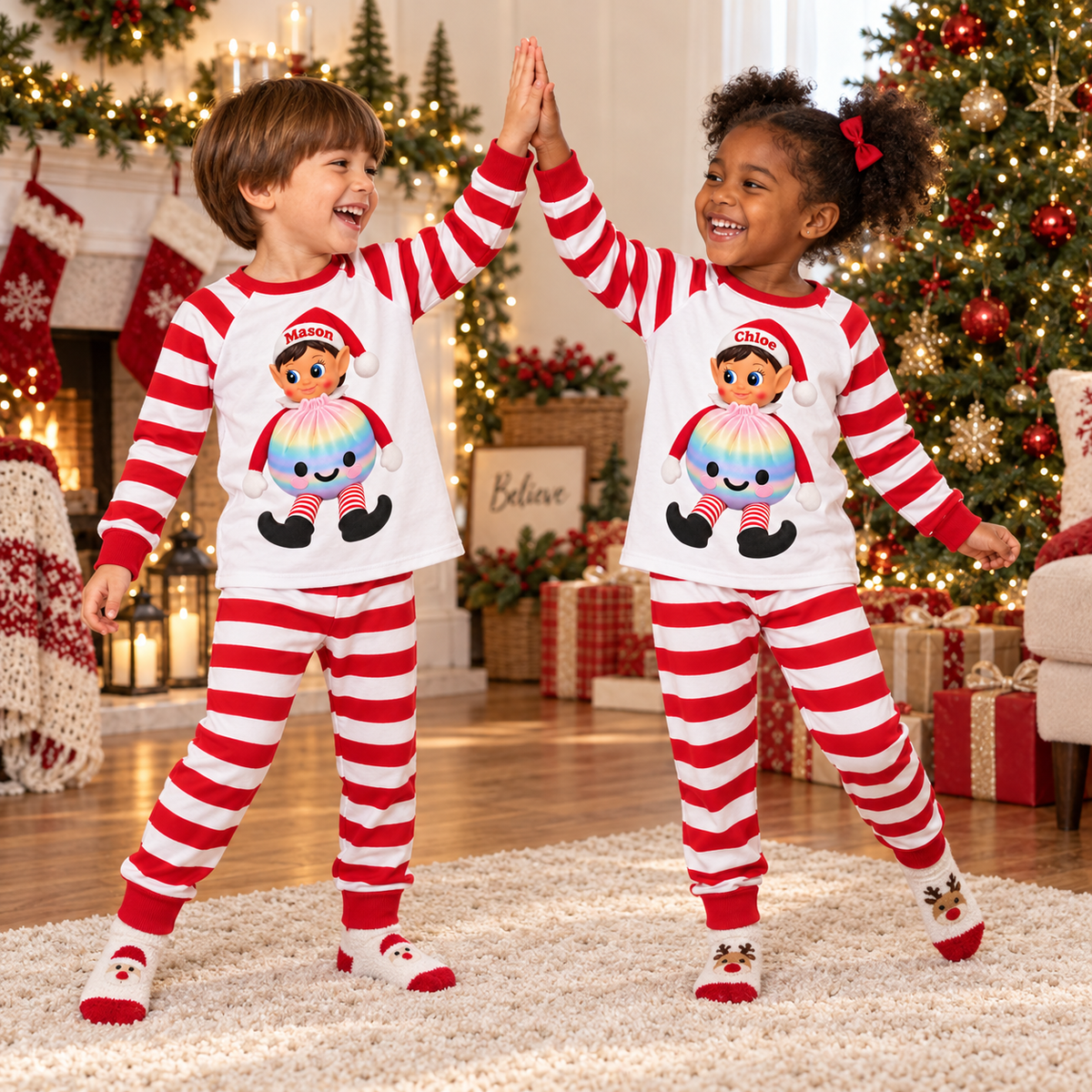 Personalized Christmas Rainbow Dumpling Elf Pajama Set – White