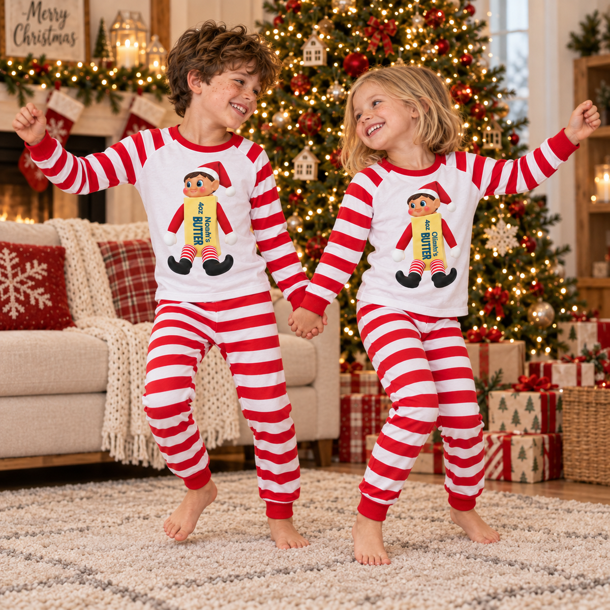 Personalized Christmas Butter Elf Pajama Set – White
