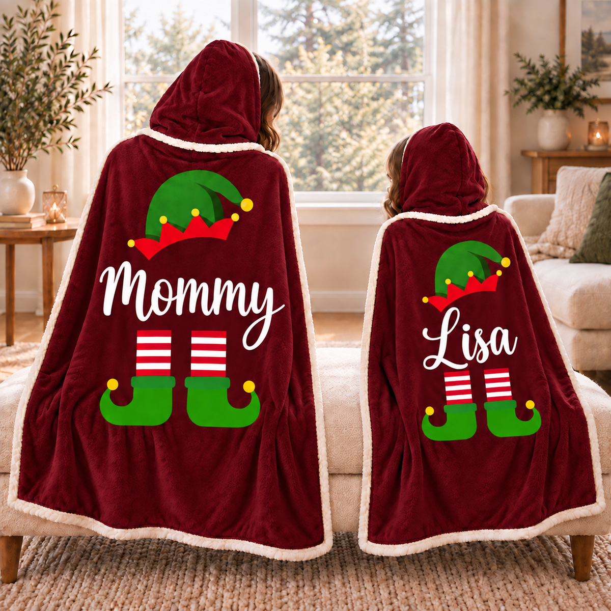 Personalized Christmas Elf Hooded Blanket – Burgundy Red