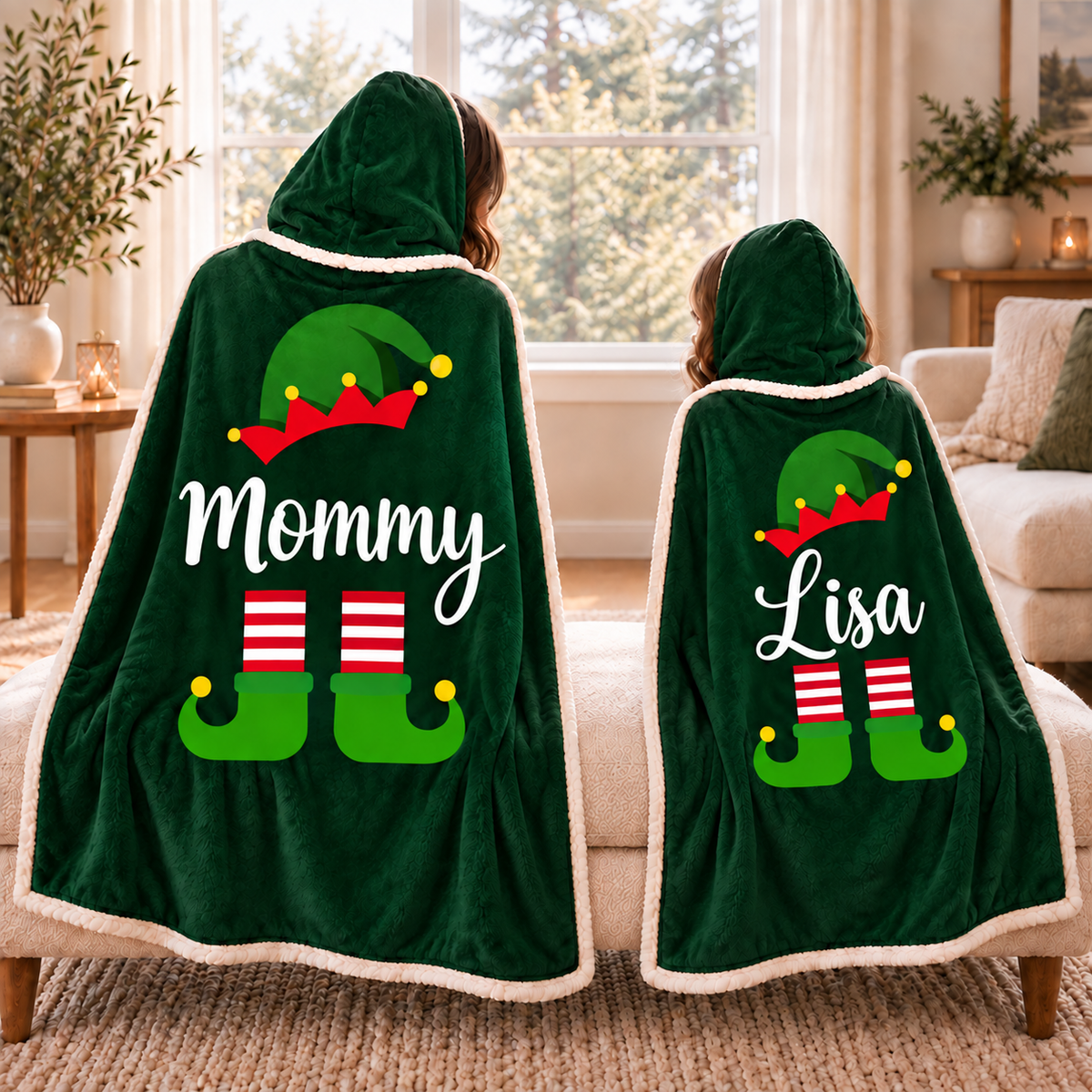 Personalized Christmas Elf Hooded Blanket – Forest Green