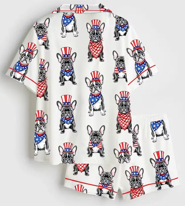 The USA 250th Anniversary French Bulldog Pajamas – Patriotic Short Sleeve Satin Summer Sleepwear