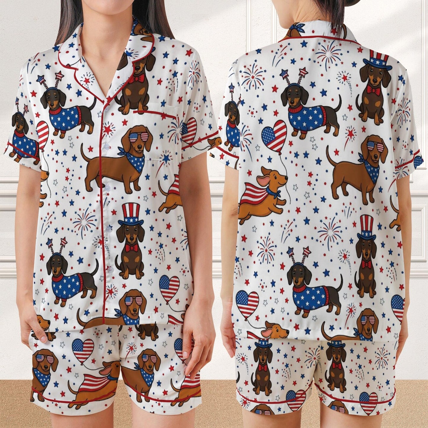 The USA 250th Anniversary Dog Breed Satin Pajamas – Patriotic Short Sleeve Summer Sleepwear