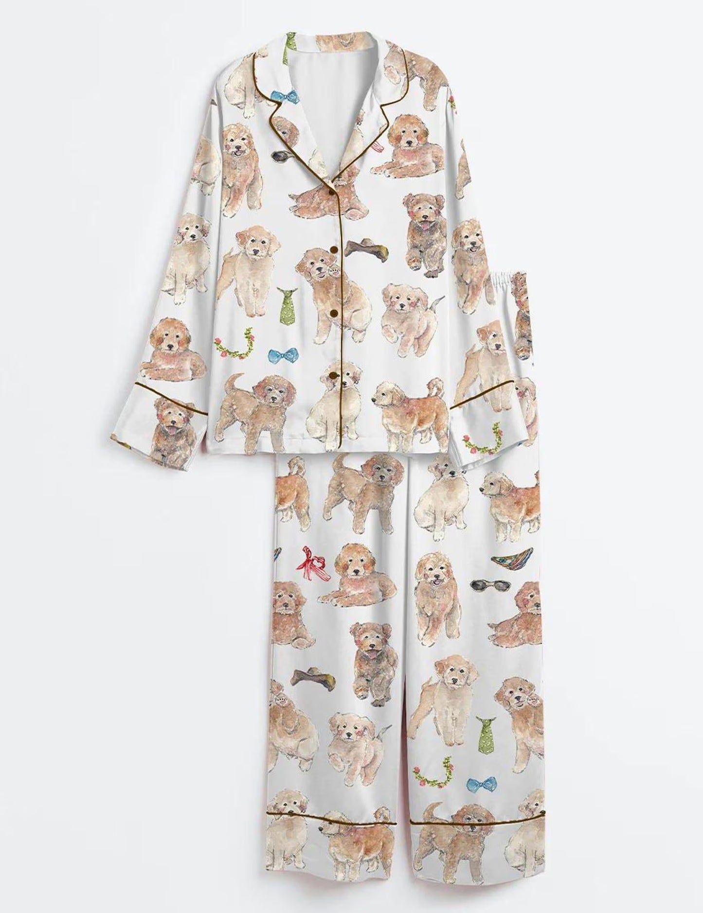Luxury Unisex Satin Pajama Set - Artistic Watercolor Goldendoodle Dog Pet Lover Sleepwear Loungewear