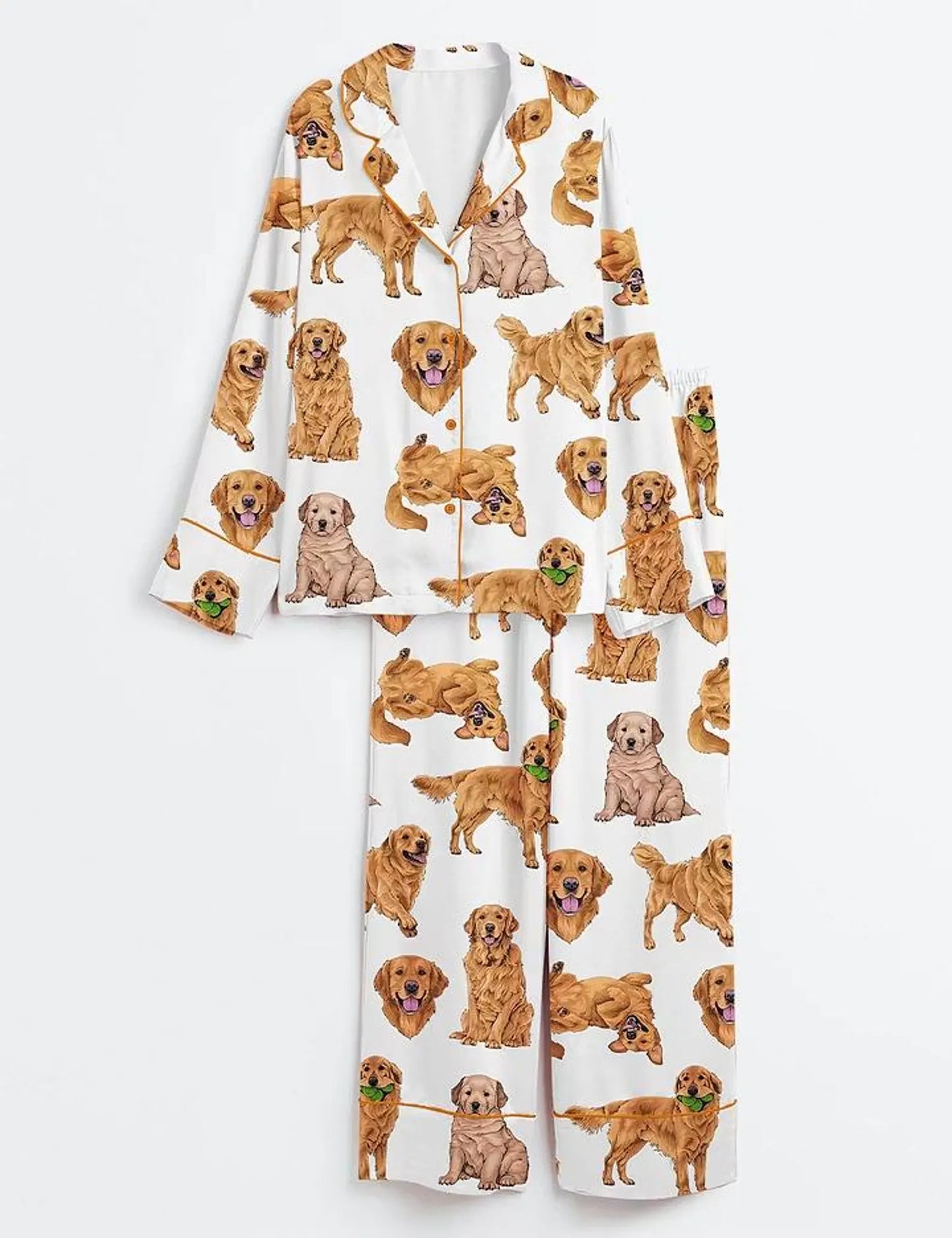 Luxury Satin Pajama Set - Cute Golden Retriever Dog Lover Silky PJs Aesthetic Fur Mama Loungewear