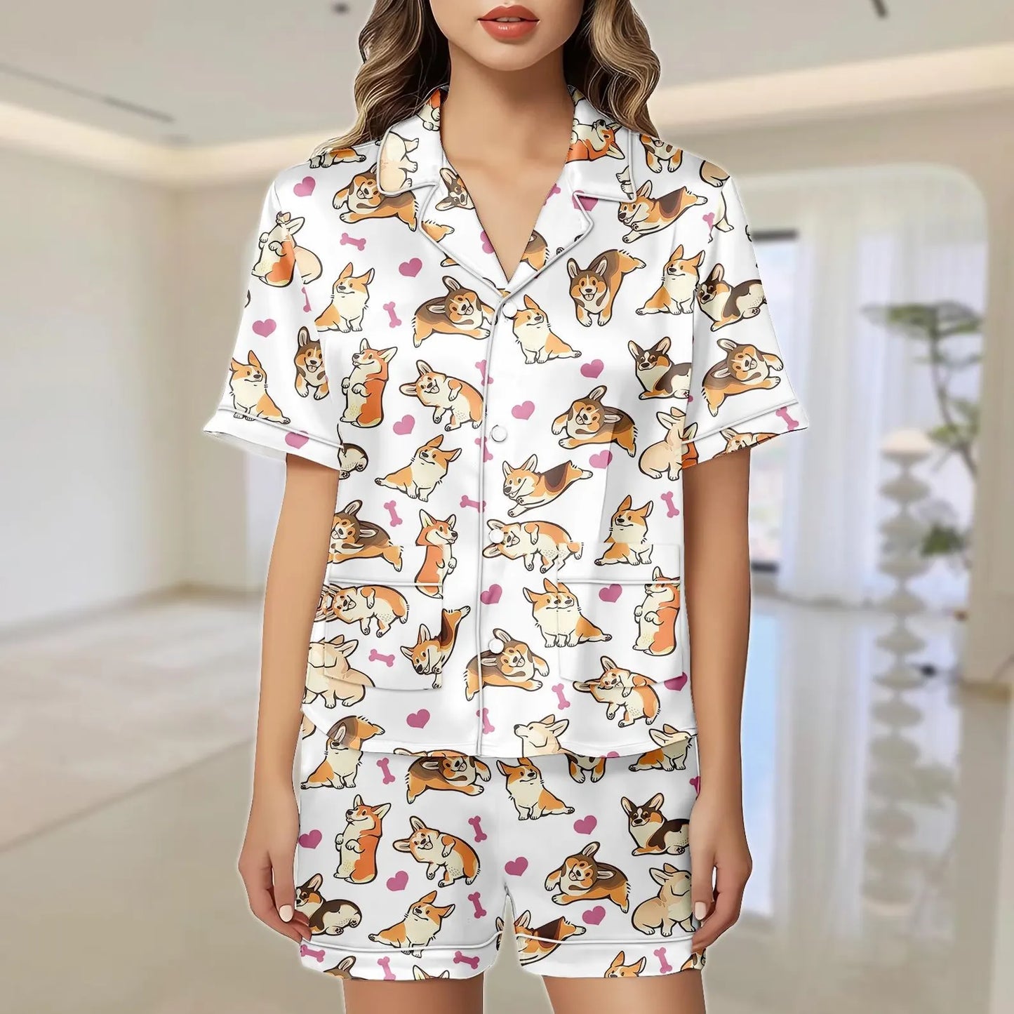 Luxury Satin Pajama Set - Cute Corgi Dog Mom Pet Lover Sleepwear Loungewear