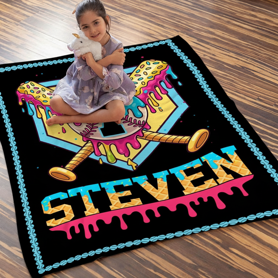 Personalized Ice Cream Drip Baseball Blanket – Custom Name Kids Baseball Throw, Player Gift & Birthday Gift for Boys