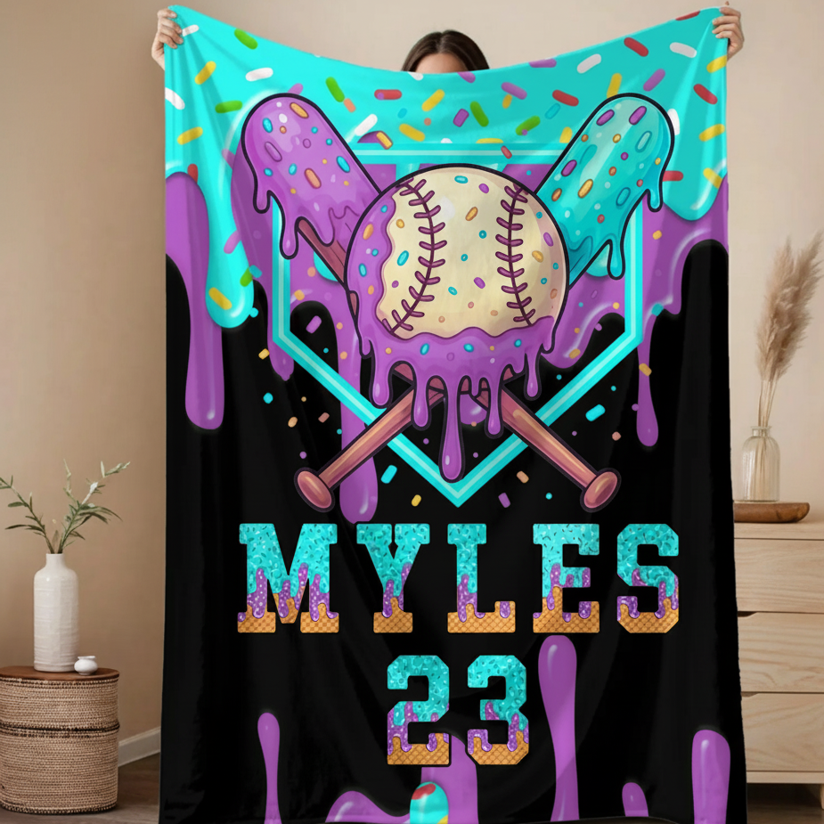 Personalized Baseball Blanket, Kids Baseball Drip Blanket With Name and Number, Ice Cream Drip Baseball Gifts For Boys, Baseball Room Decor
