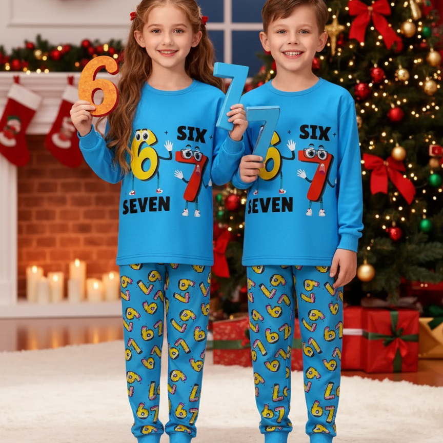 67 Christmas Pattern Kids Pajamas – Trendy Six Seven Meme Long Sleeve Sleepwear, Cozy Fall & Winter Holiday Gift for Children