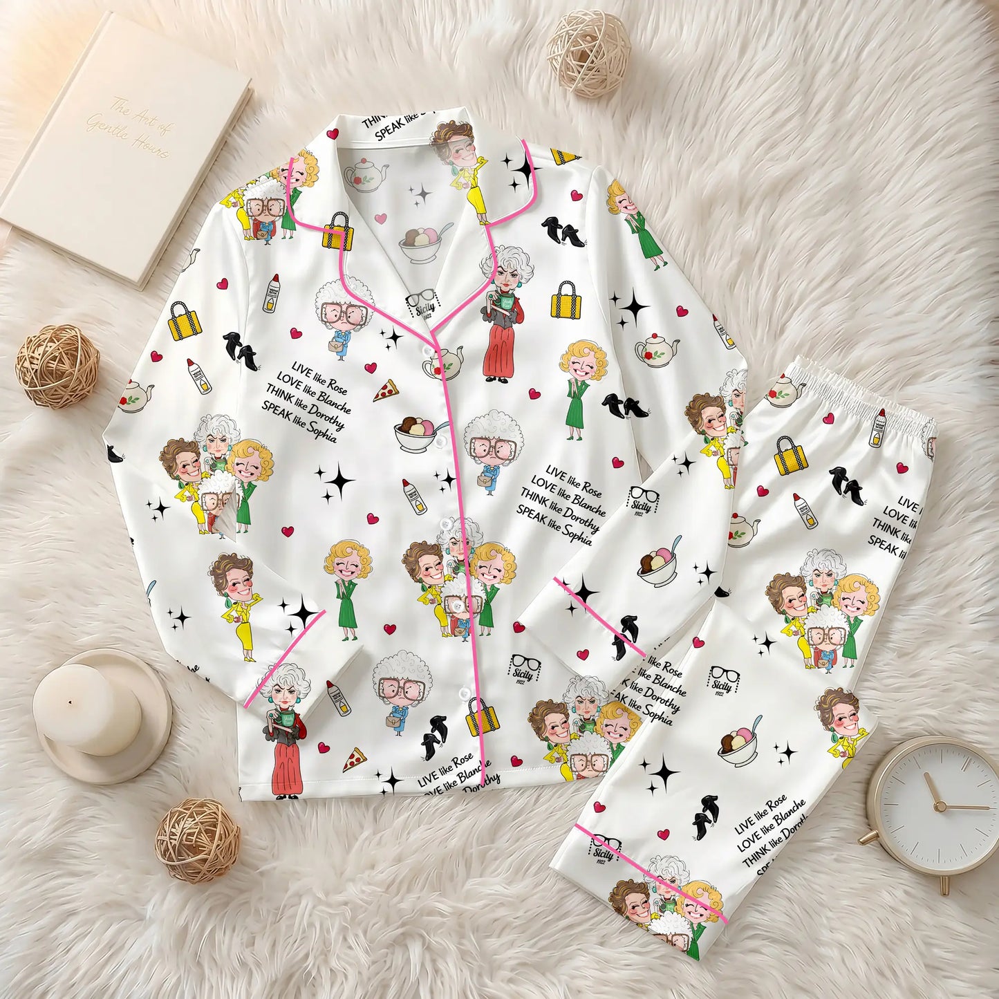 The Stay Golden Retro 80s TV Sitcom Satin Pajama Set – Long & Short Styles Luxury Sleepwear for Women