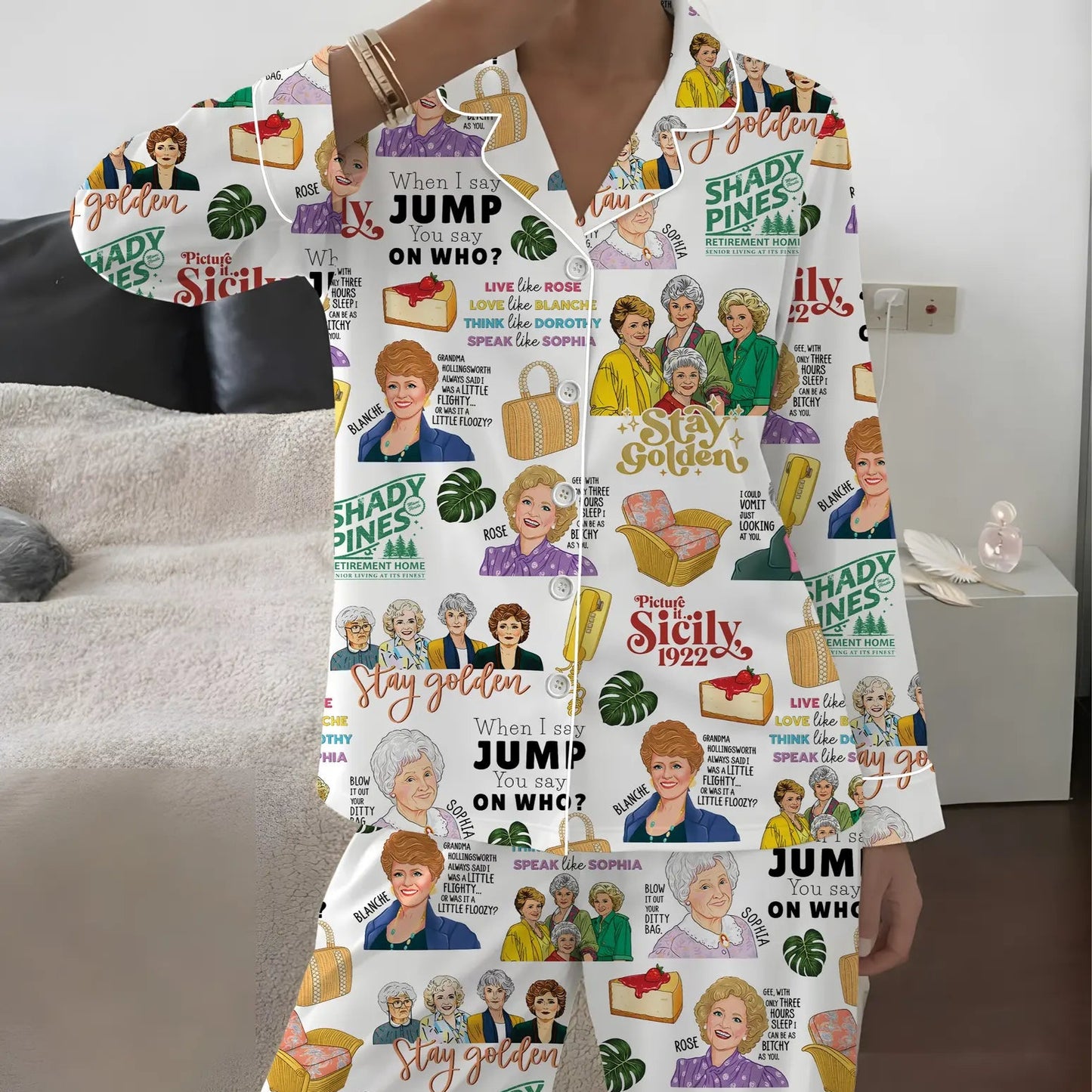 The Shady Pines Retro TV Sitcom Satin Pajama Set – Long & Short Styles Funny Gift for Mom and Grandma