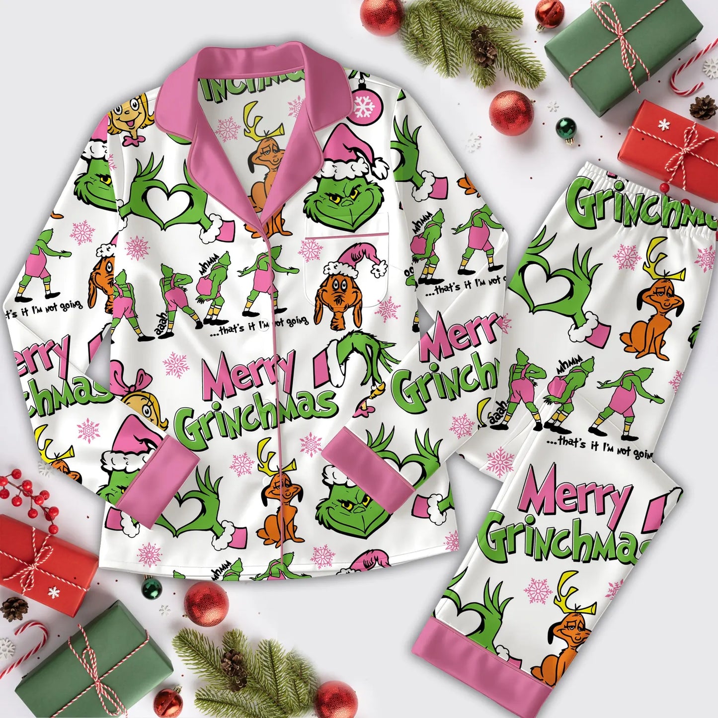 Vintage Pink Christmas Satin Pajama Set Cozy Holiday Sleepwear for Women Winter Nightwear Gift