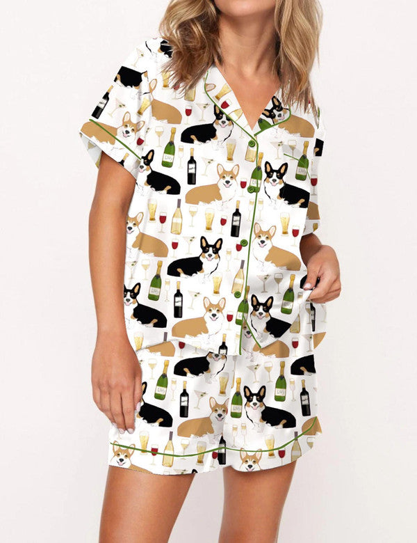 Luxury Satin Pajama Set - Cute Corgi And Wine Dog Mom Sleepwear Loungewear Gift