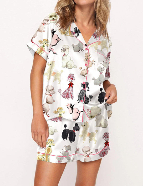 Luxury Satin Pajama Set - Cute Poodle Dog Mom Silky PJs Sleepwear Loungewear Gift