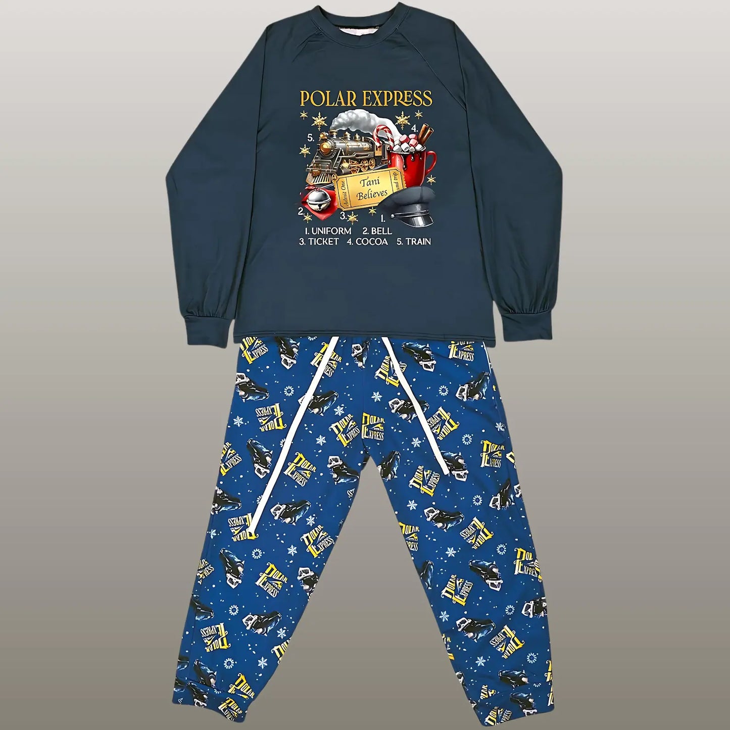 Vintage North Pole Train Pajama Set Personalized Premium Fabric Sleepwear for Family Cozy Holiday Blue Christmas Gift
