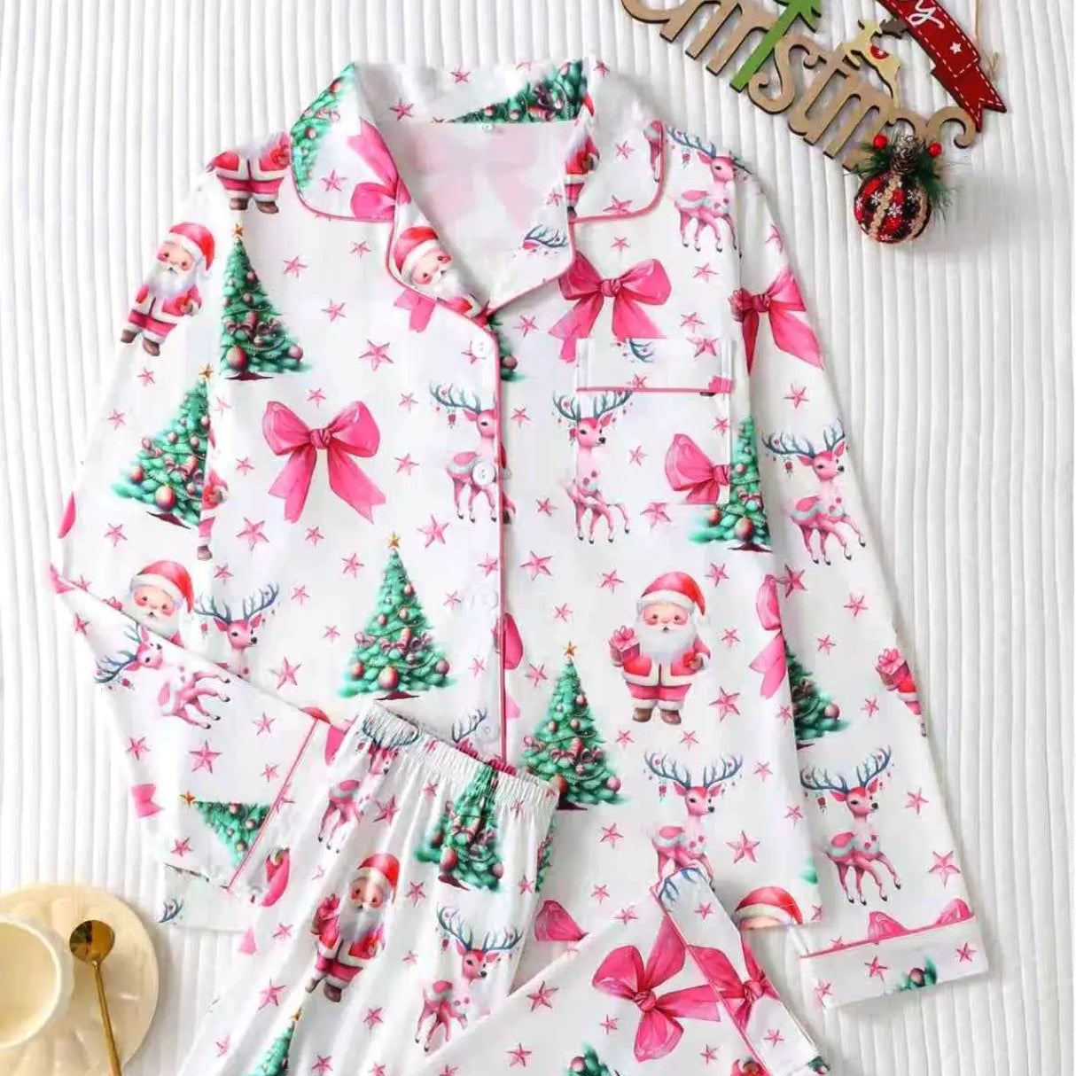 Women’s Satin Pajama Set – Long Sleeve Button-Up Sleepwear with Pocket & Elastic Pants for Spring and Fall