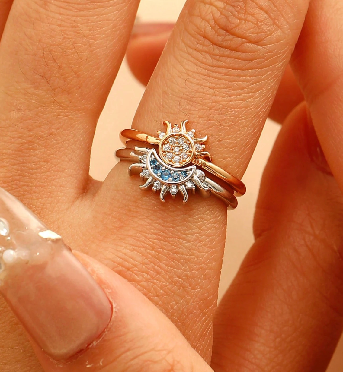 Sun & Moon Couple Rings Set – Adjustable Zirconia Gift for Her or Couples