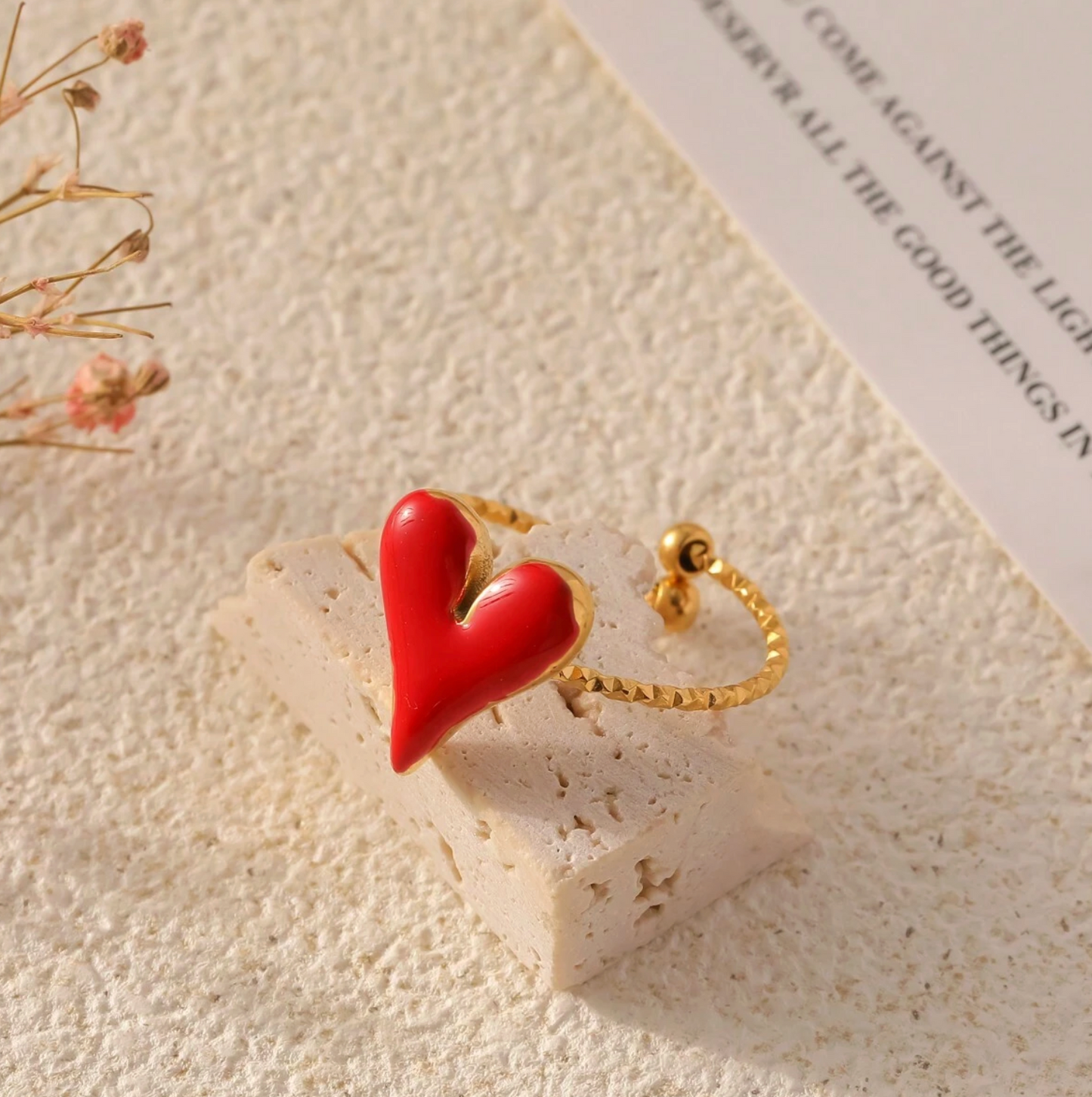 Gold Heart Drop Oil Ring – Adjustable Sweet & Elegant Stainless Steel Ring for Women