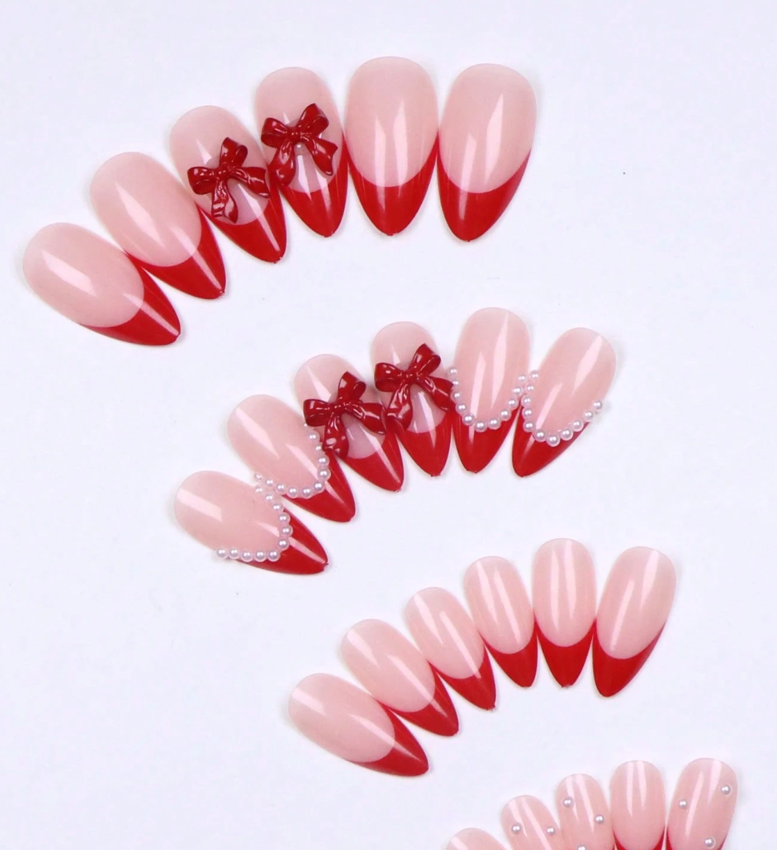 Black Almond Press On Nails With 3D Bowknot And Pearl 24pcs Nail Box