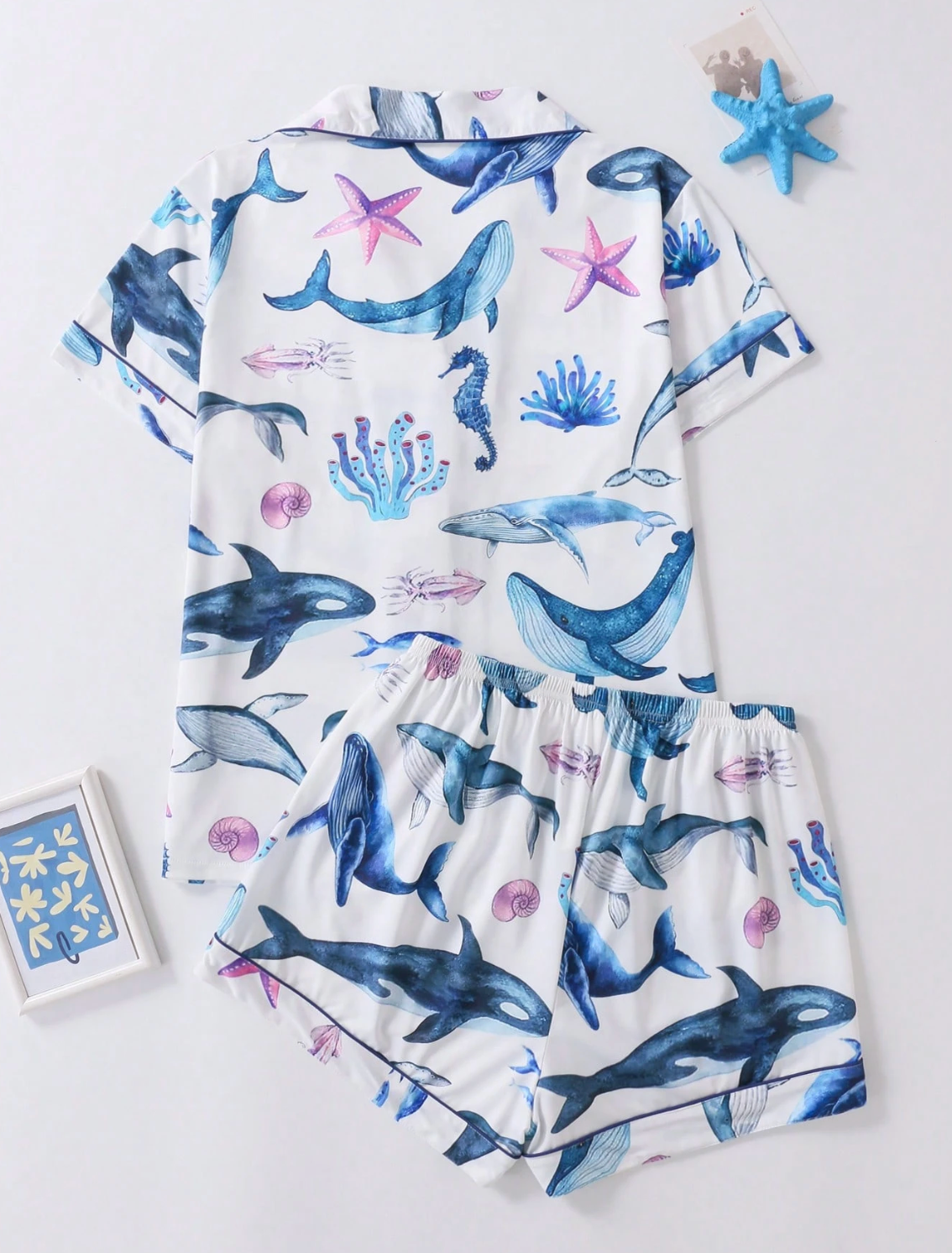 Luxury Women's & Kids' Satin Pajama Set - Whale Ocean Inspired Printed Collared Sleepwear Loungewear