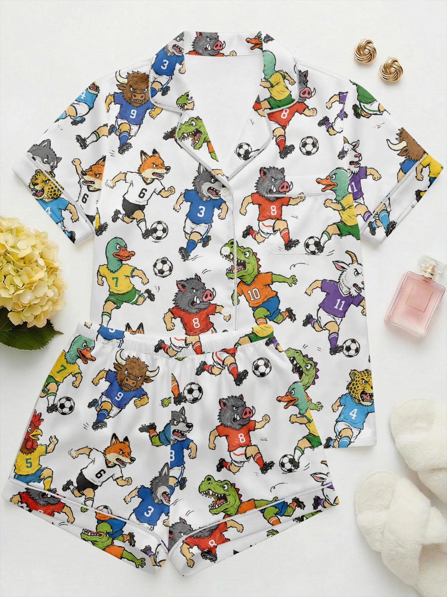 The 2026 Game Night Funny Animal Soccer Satin Pajamas – Cute Novelty Sports Fan Premium Sleepwear