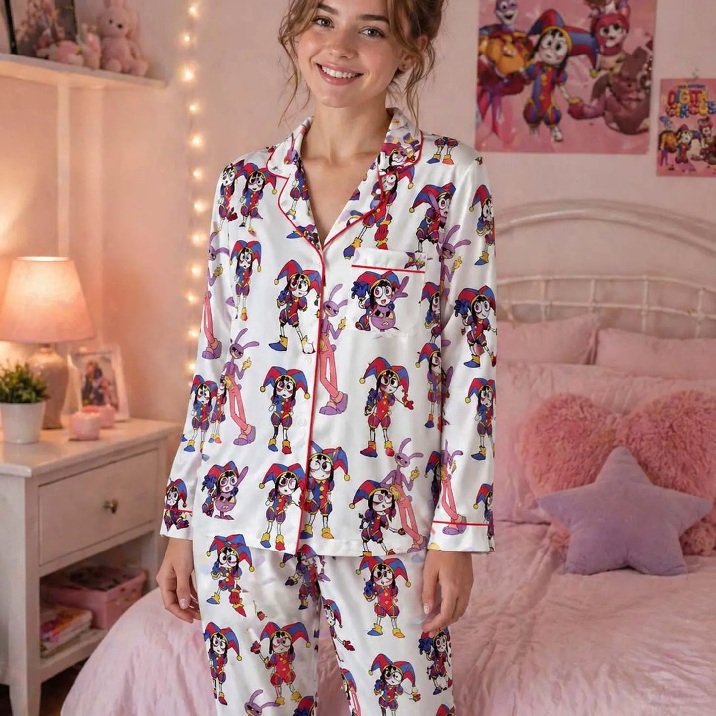 Silky Digital Circus Jester & Rabbit Satin Set - Aesthetic Anime Sleepwear