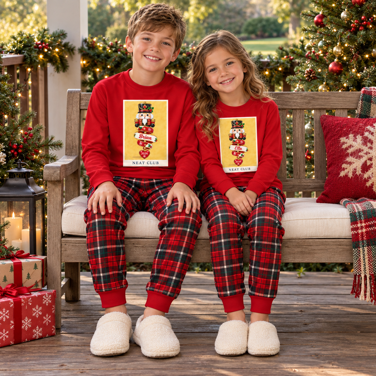 Personalized Nutcracker Banner & Tartan Plaid Red Family Christmas Pajamas
