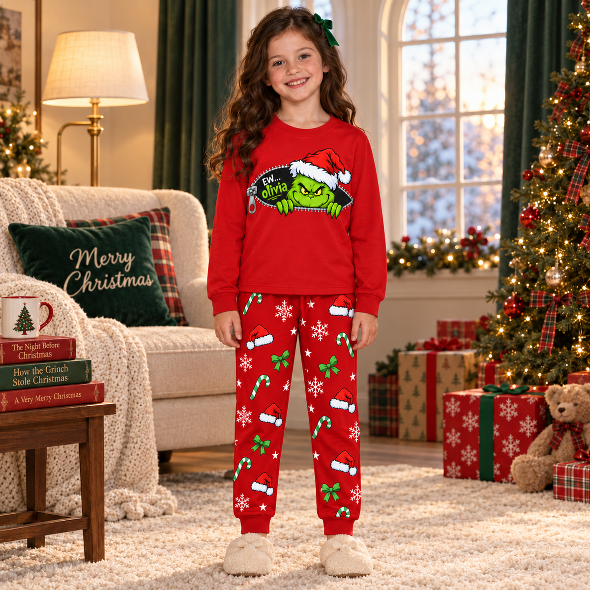 Personalized Grumpy Green Creature Zipper & All-Over Print Red Family Christmas Pajamas