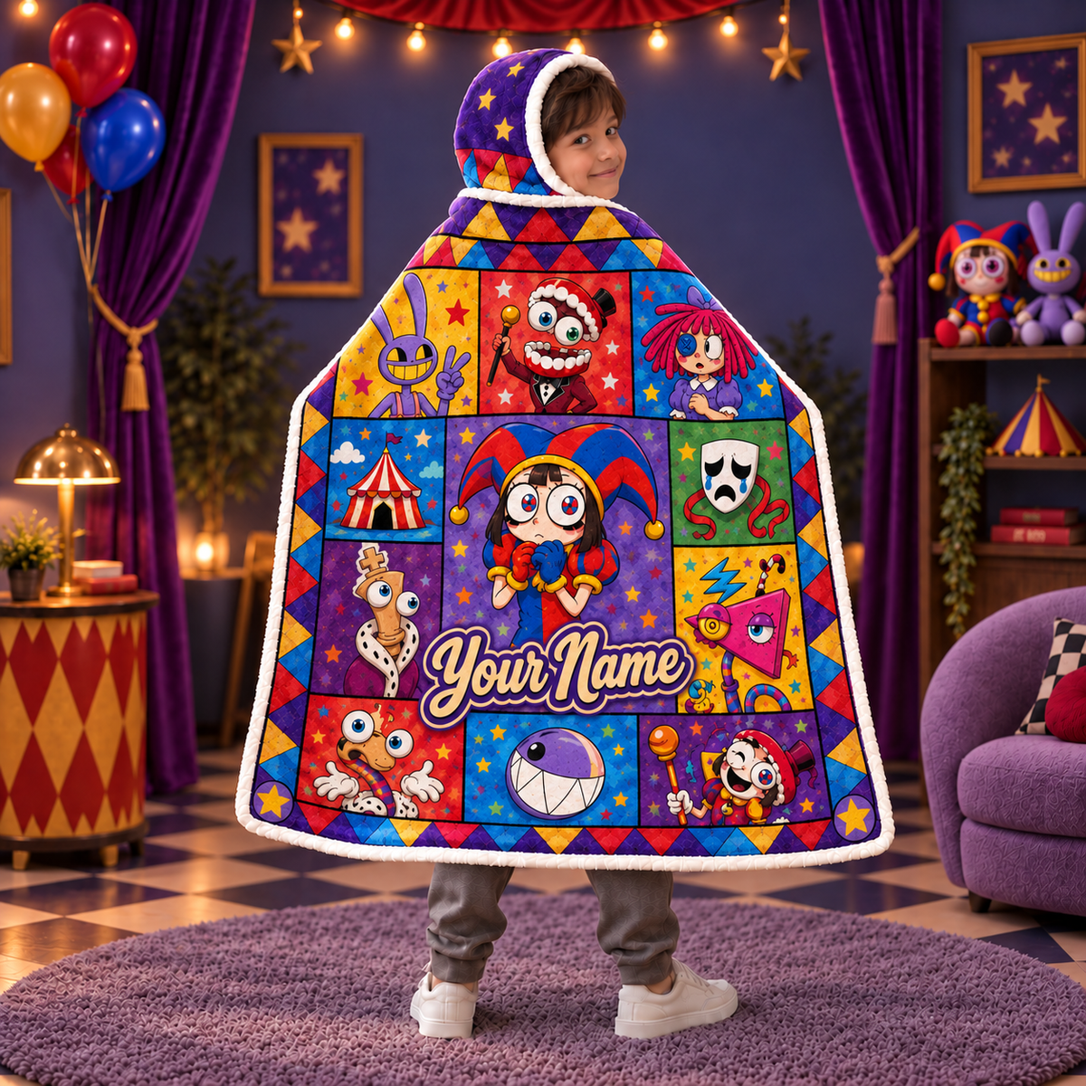 Custom Name Circus Character Grid Wearable Hooded Blanket