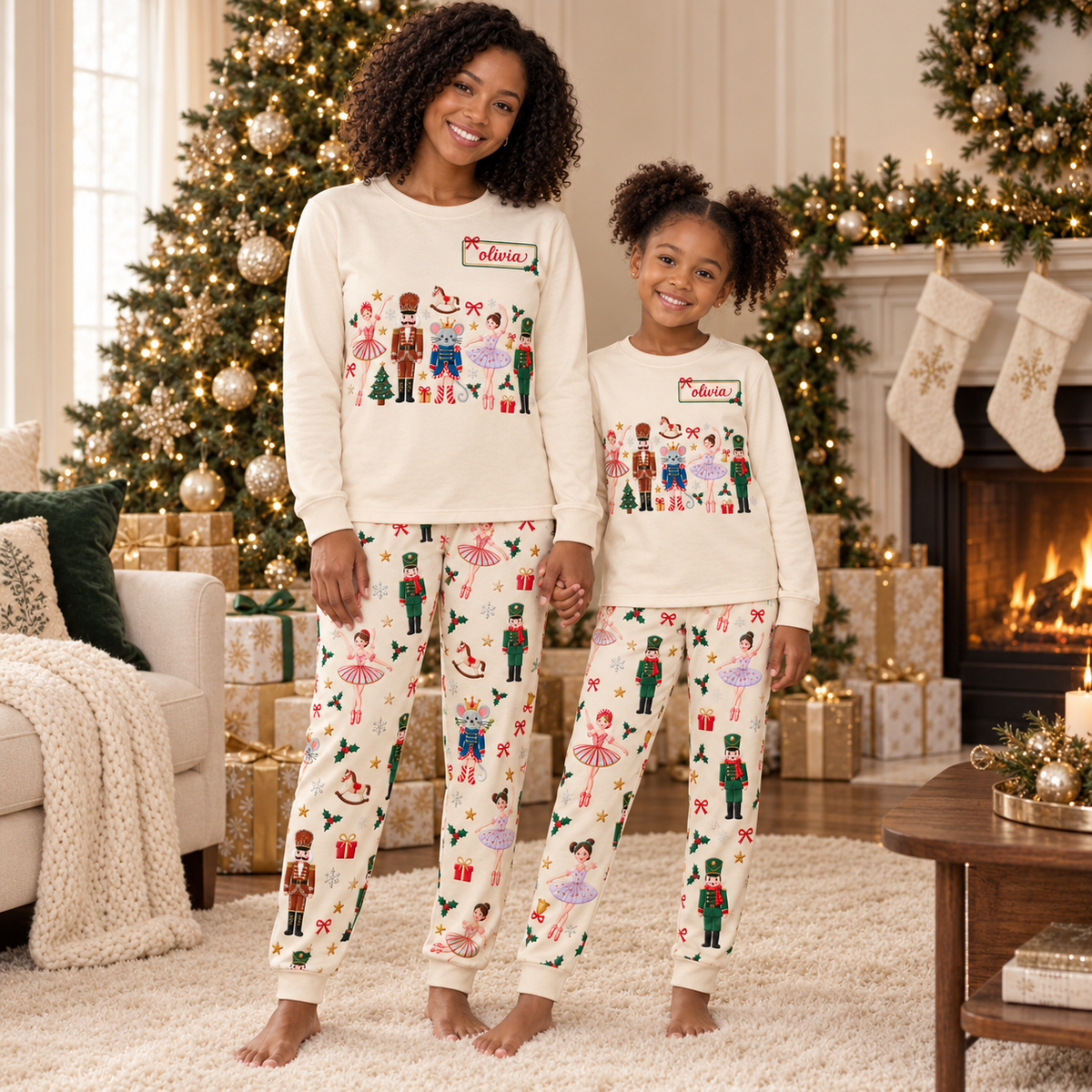 Personalized Ballerina, Nutcracker & Mouse Cream Family Christmas Pajamas