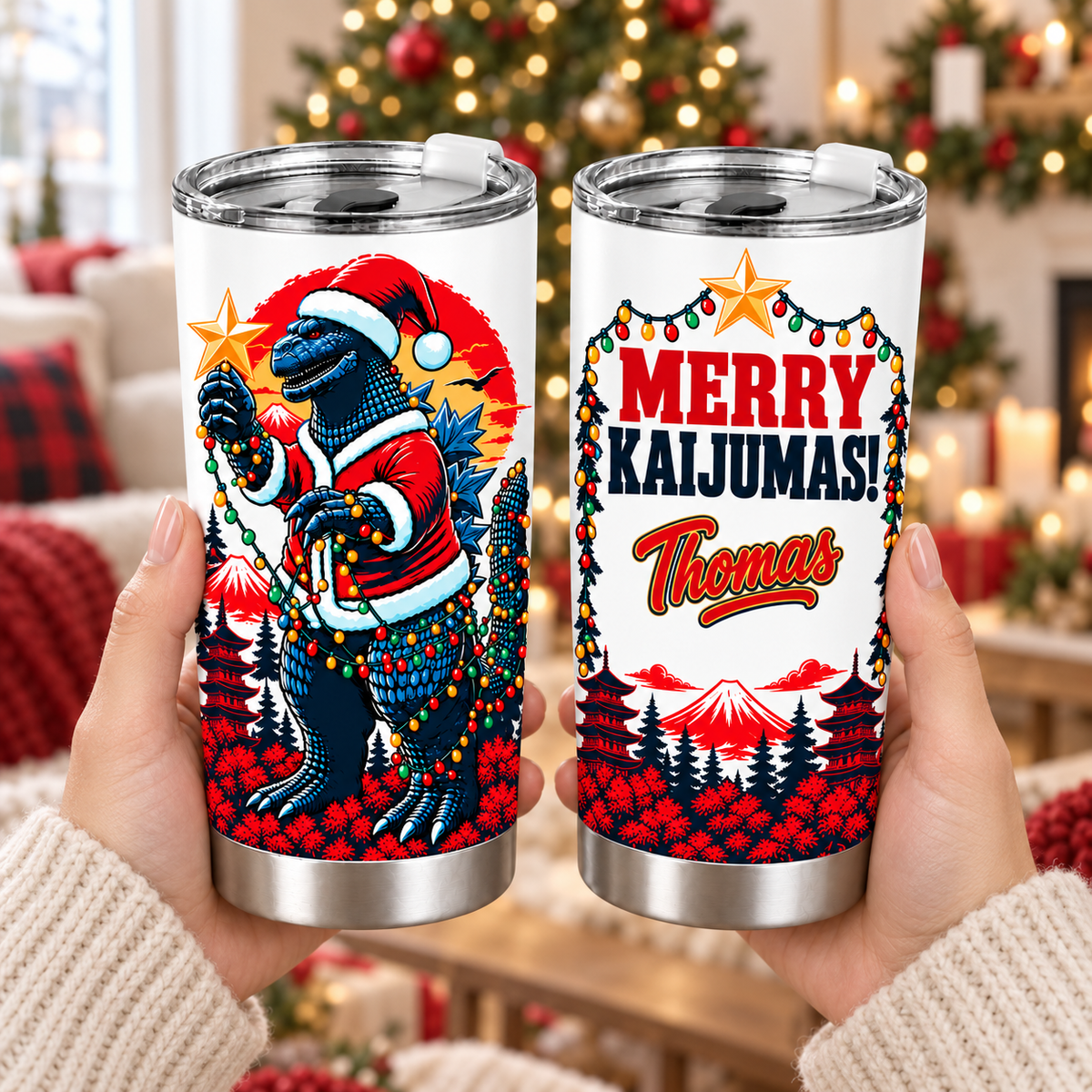Personalized Merry Kaijumas – Custom Name 20oz Japanese Festive Santa Beast Tumbler