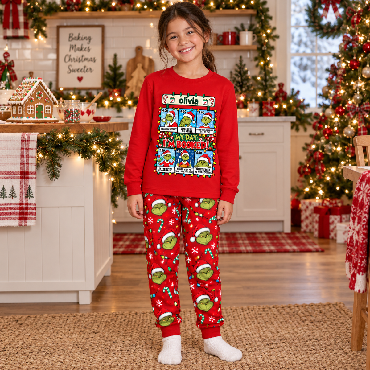 Personalized "My Day I'm Booked" Grumpy Green Creature Red Family Christmas Pajamas