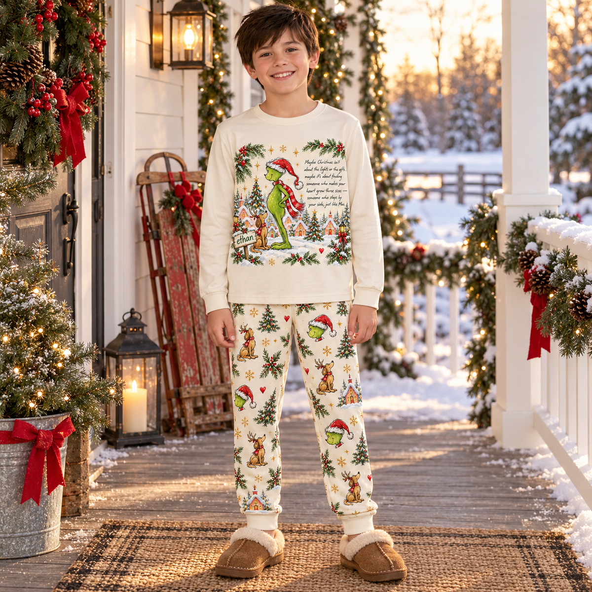 Personalized Grumpy Green Creature & Dog Snowy Village Cream Family Christmas Pajamas