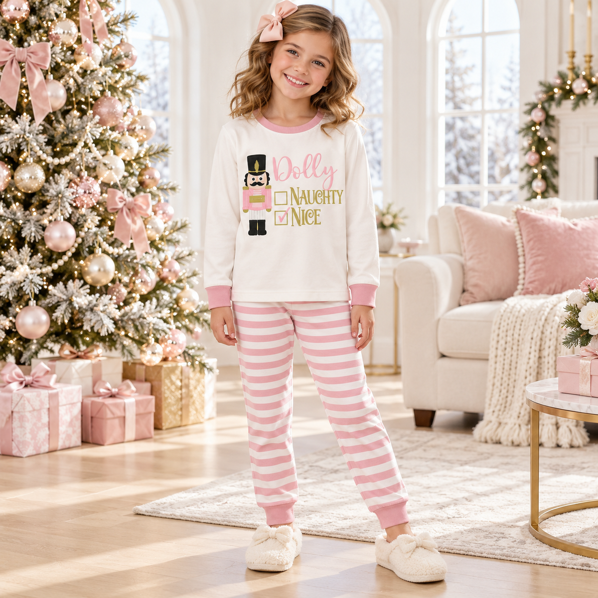 Personalized Nutcracker "Naughty or Nice" Pink Striped Family Christmas Pajamas
