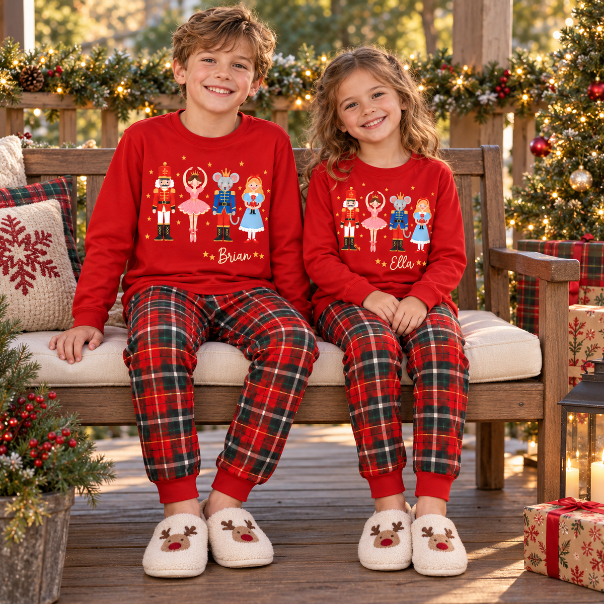 Personalized Nutcracker Characters & Tartan Plaid Red Family Christmas Pajamas