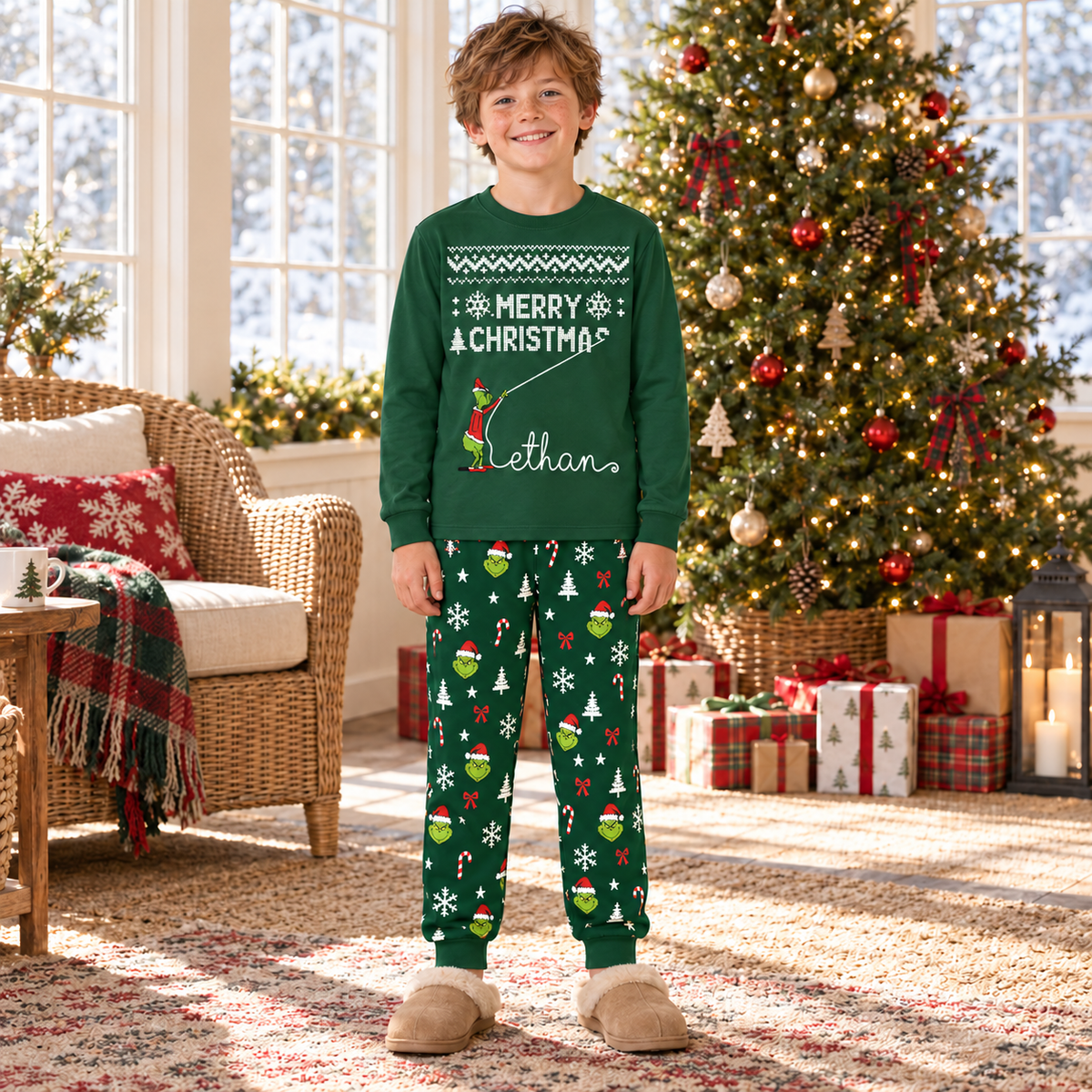 Personalized Grumpy Green Creature "Merry Christmas" Green Family Christmas Pajamas